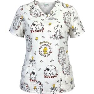 Vintage Peanuts Snoopy Woodstock Scrub Top V-Neck Medical Uniform White Large